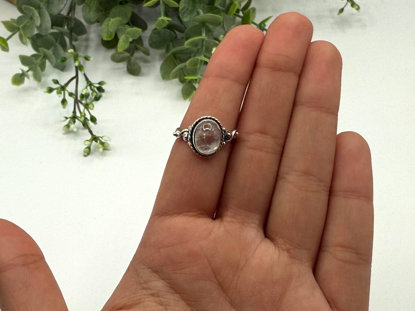 Rainbow Moonstone Semi-Precious Gem Ring Sterling Silver/925