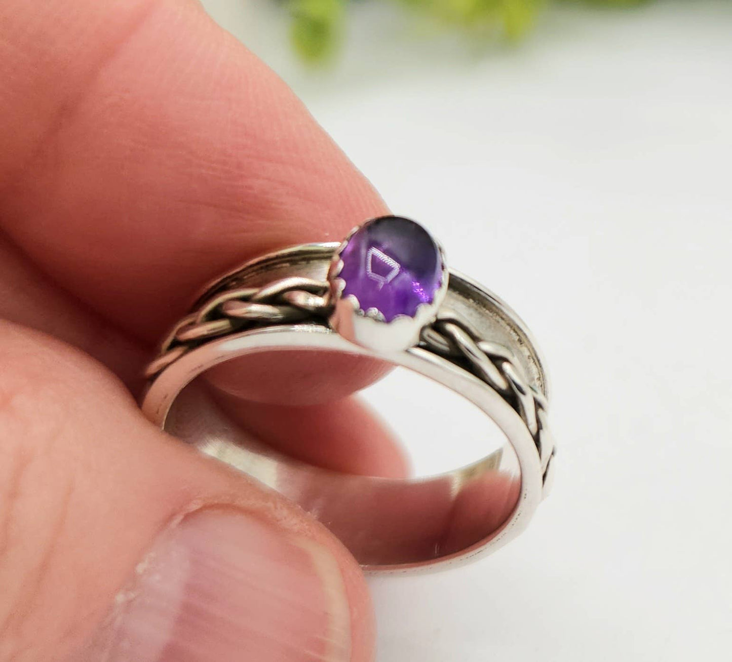 Amethyst SPINNER RING-Sterling Silver/925- Gemstone w/Braid