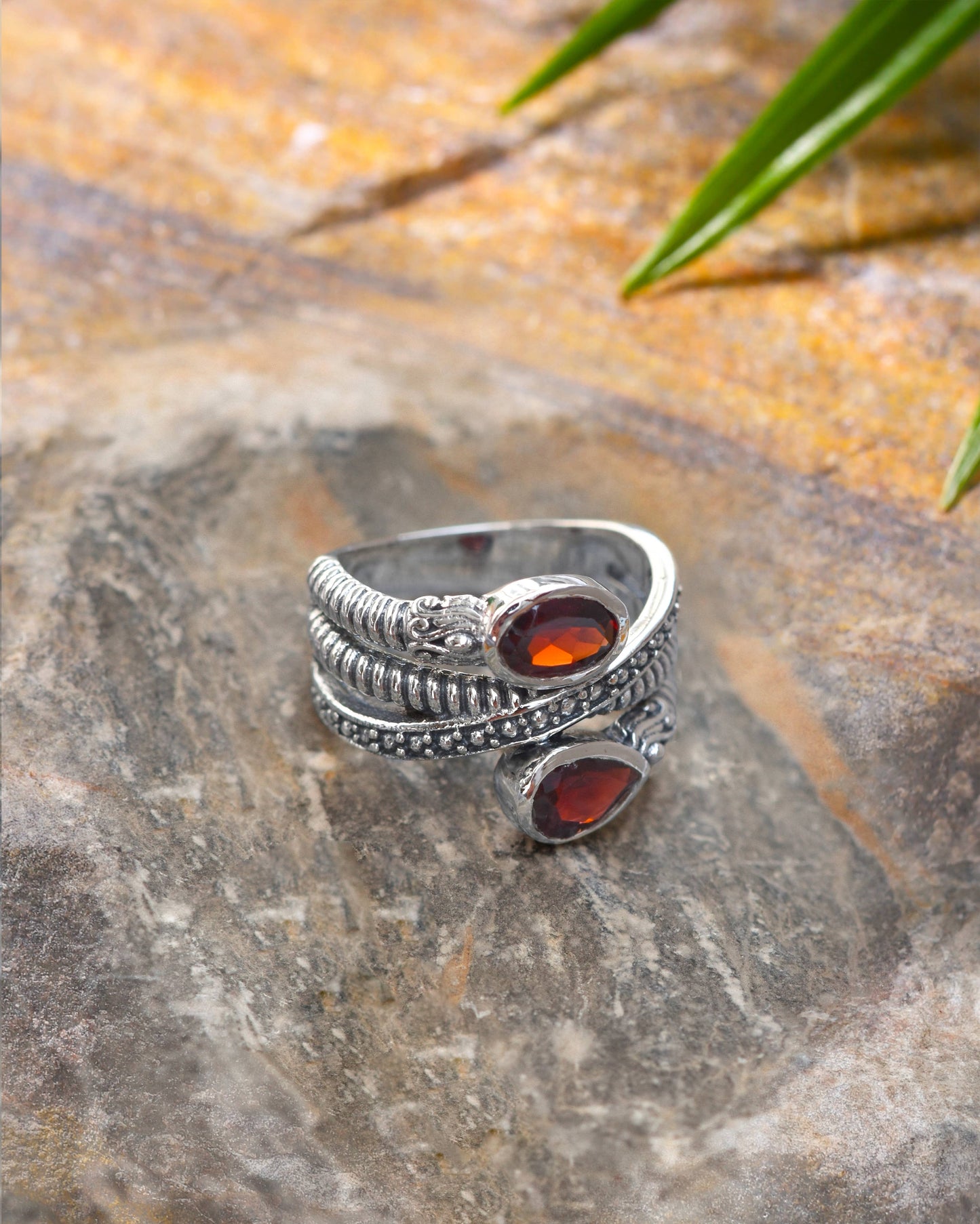 925 Sterling Silver Garnet Gemstone Textured Ring