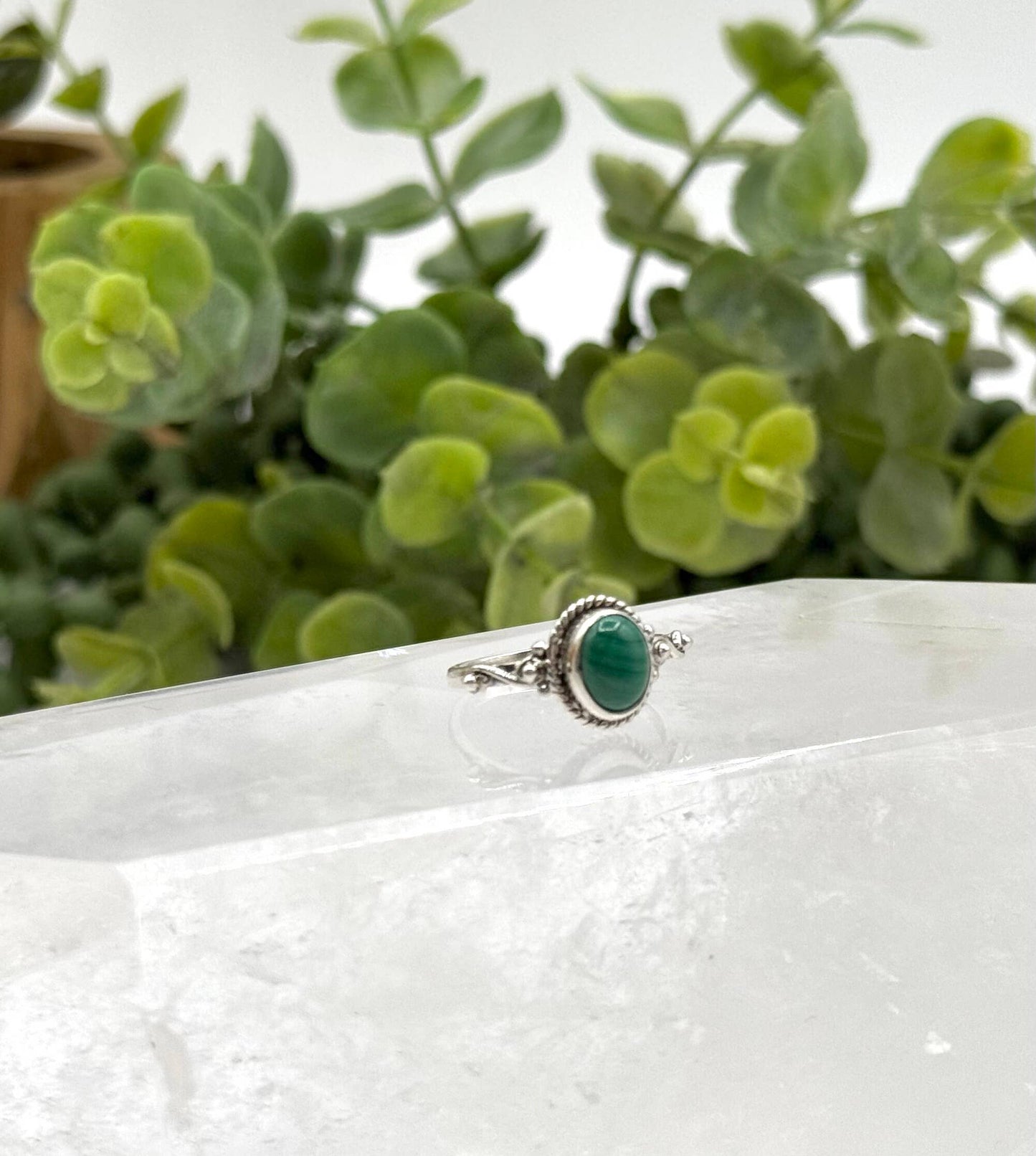 Malachite On Semi-Precious Oval Gemstone Ring / 925