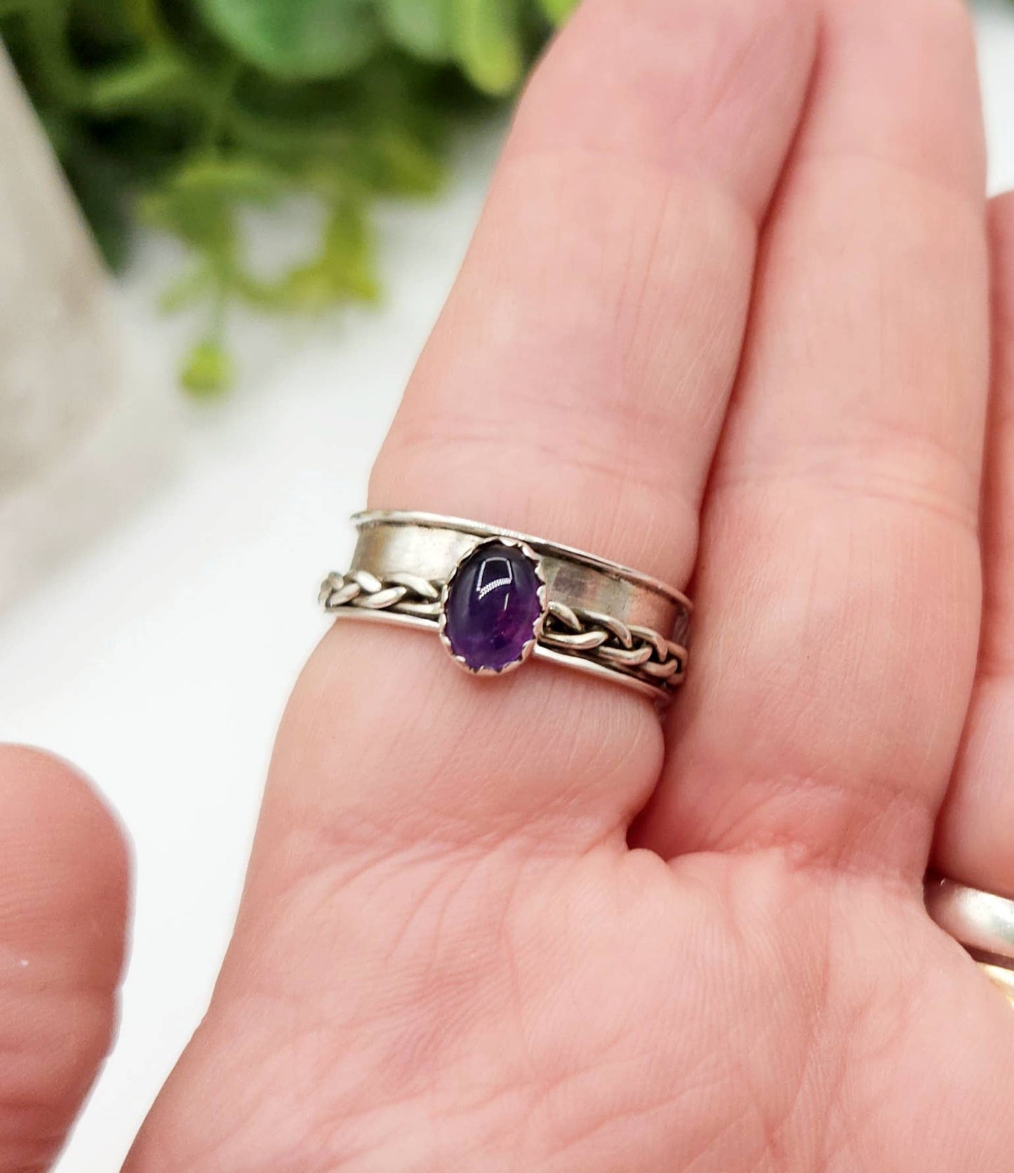 Amethyst SPINNER RING-Sterling Silver/925- Gemstone w/Braid