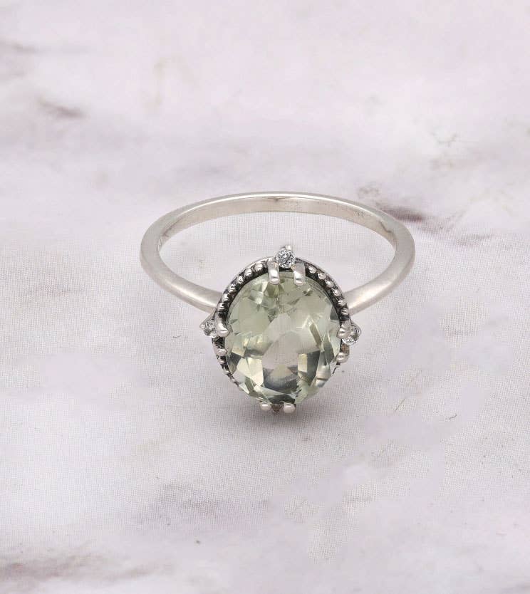 925 Sterling Silver Green Amethyst Gemstone Solitaire Ring