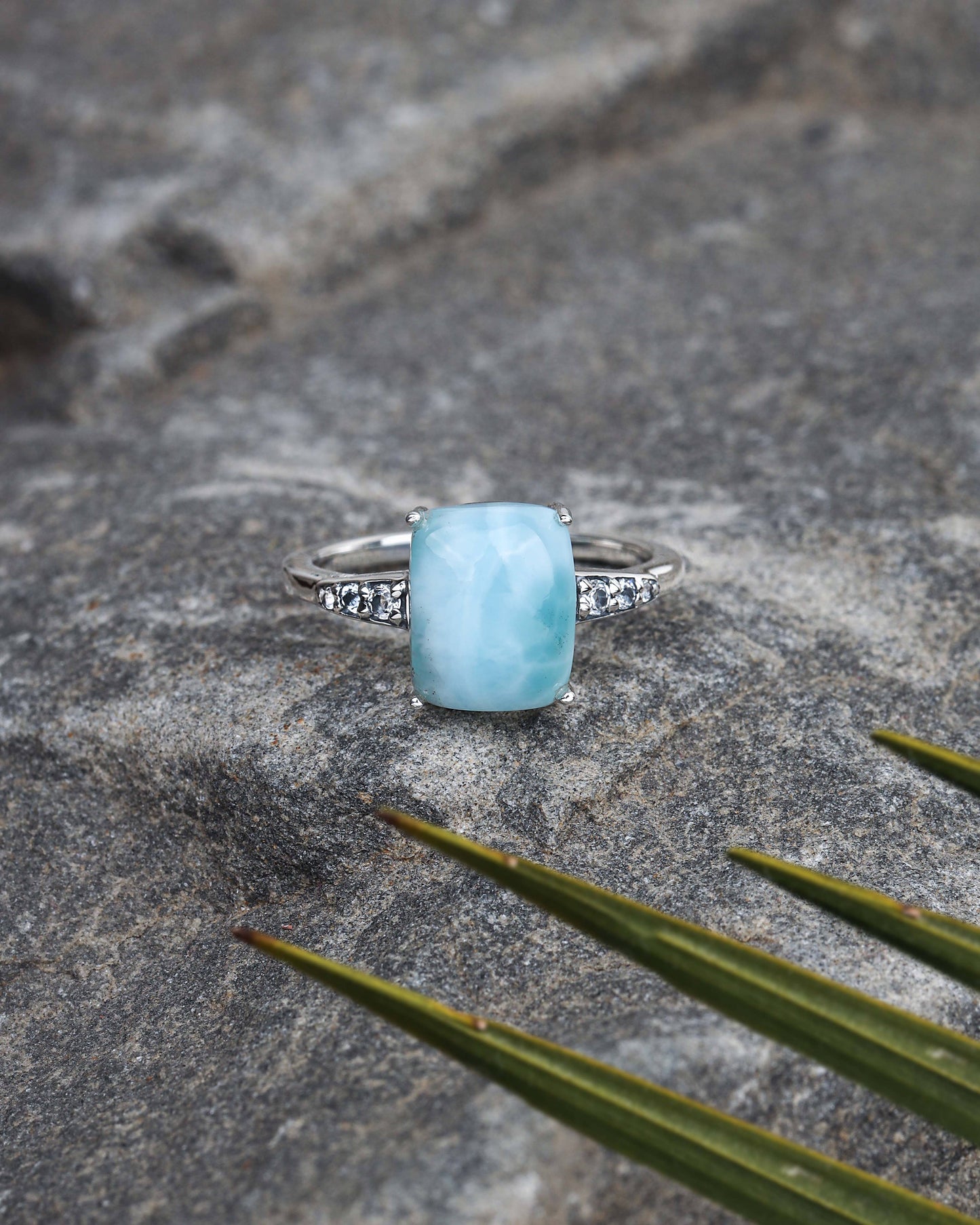 925 Sterling Silver Larimar White Topaz Solitaire Ring