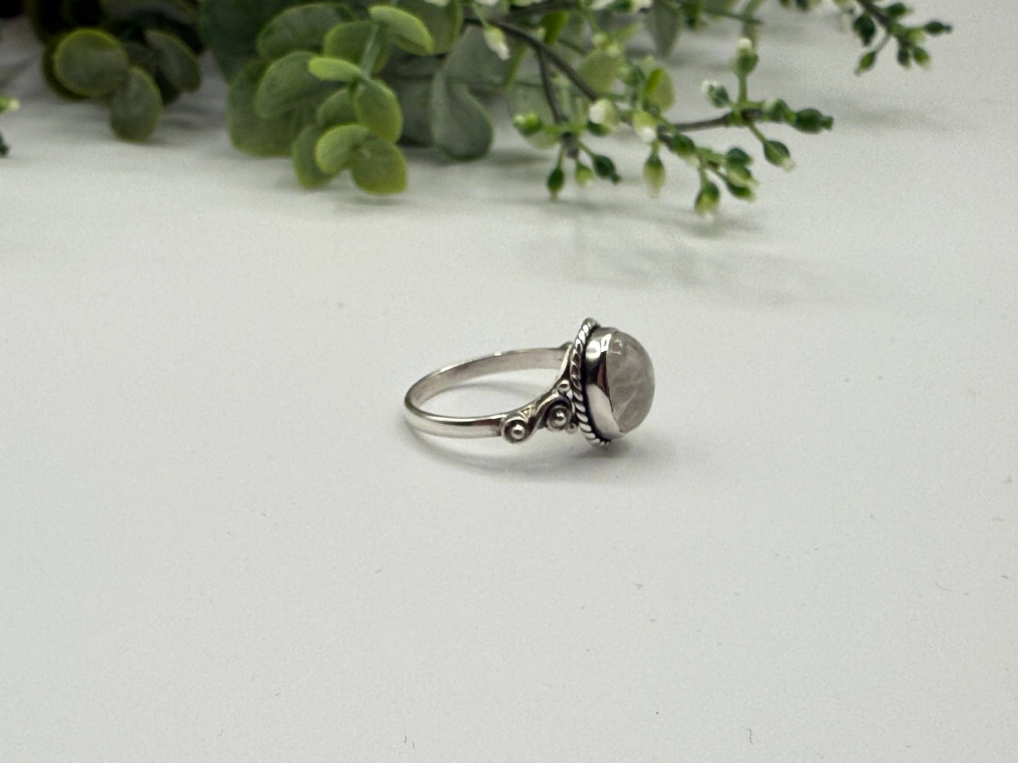 Rainbow Moonstone Semi-Precious Gem Ring Sterling Silver/925