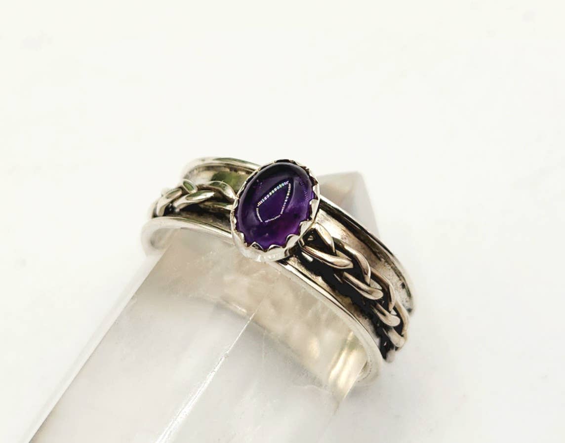 Amethyst SPINNER RING-Sterling Silver/925- Gemstone w/Braid