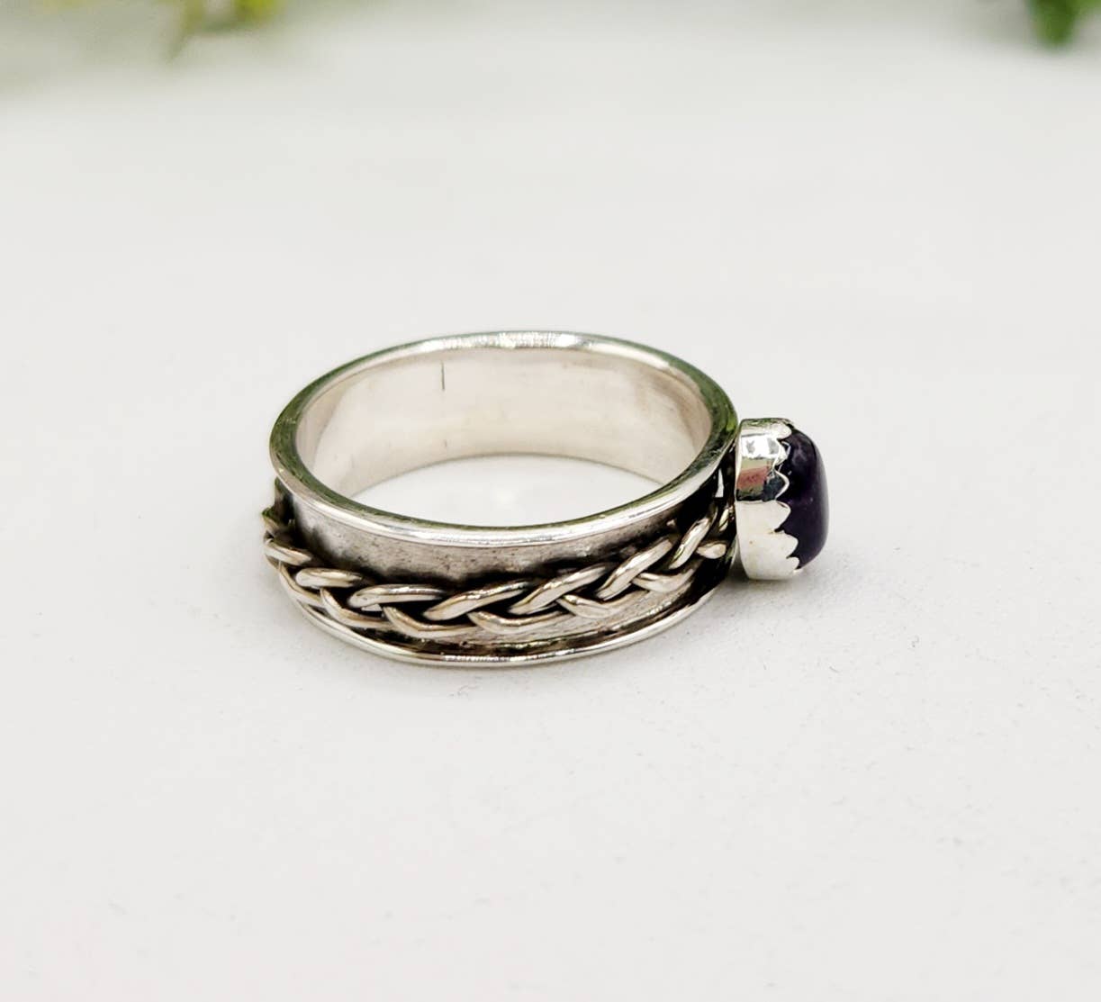 Amethyst SPINNER RING-Sterling Silver/925- Gemstone w/Braid