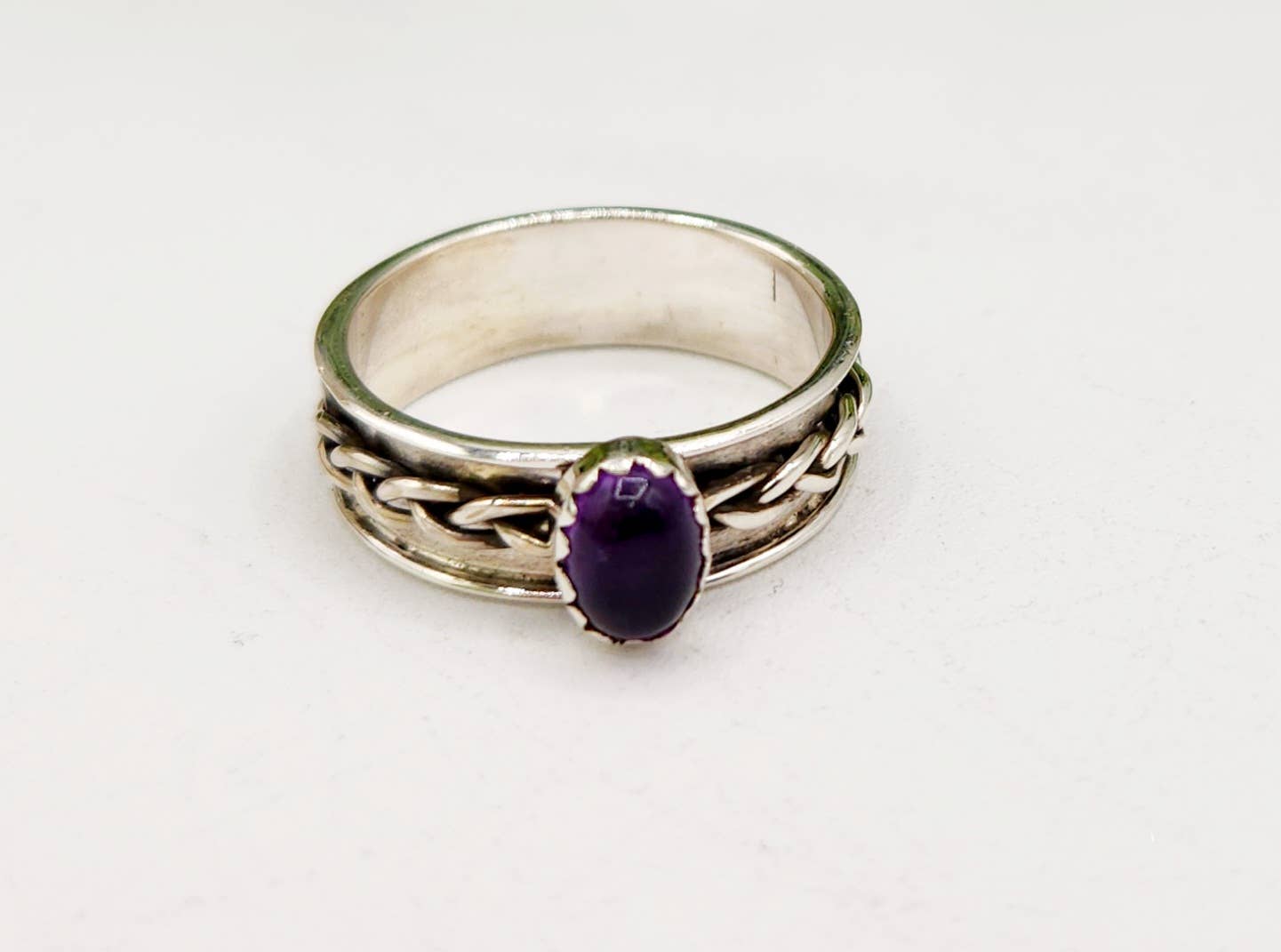 Amethyst SPINNER RING-Sterling Silver/925- Gemstone w/Braid