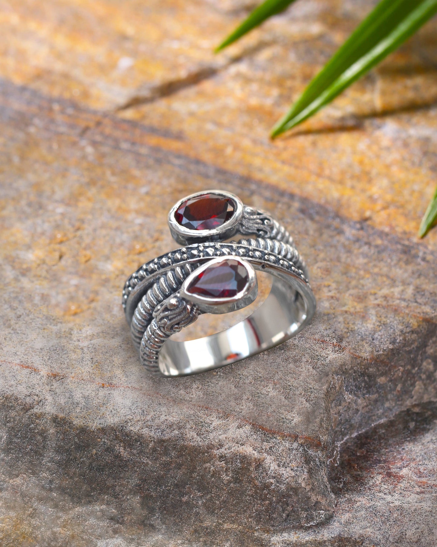 925 Sterling Silver Garnet Gemstone Textured Ring