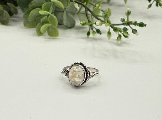 Rainbow Moonstone Semi-Precious Gem Ring Sterling Silver/925